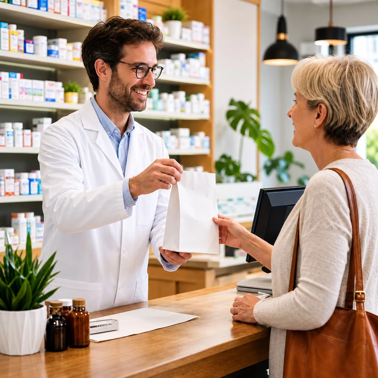 A smiling pharmacist hands a prescription bag across the counter to a customer